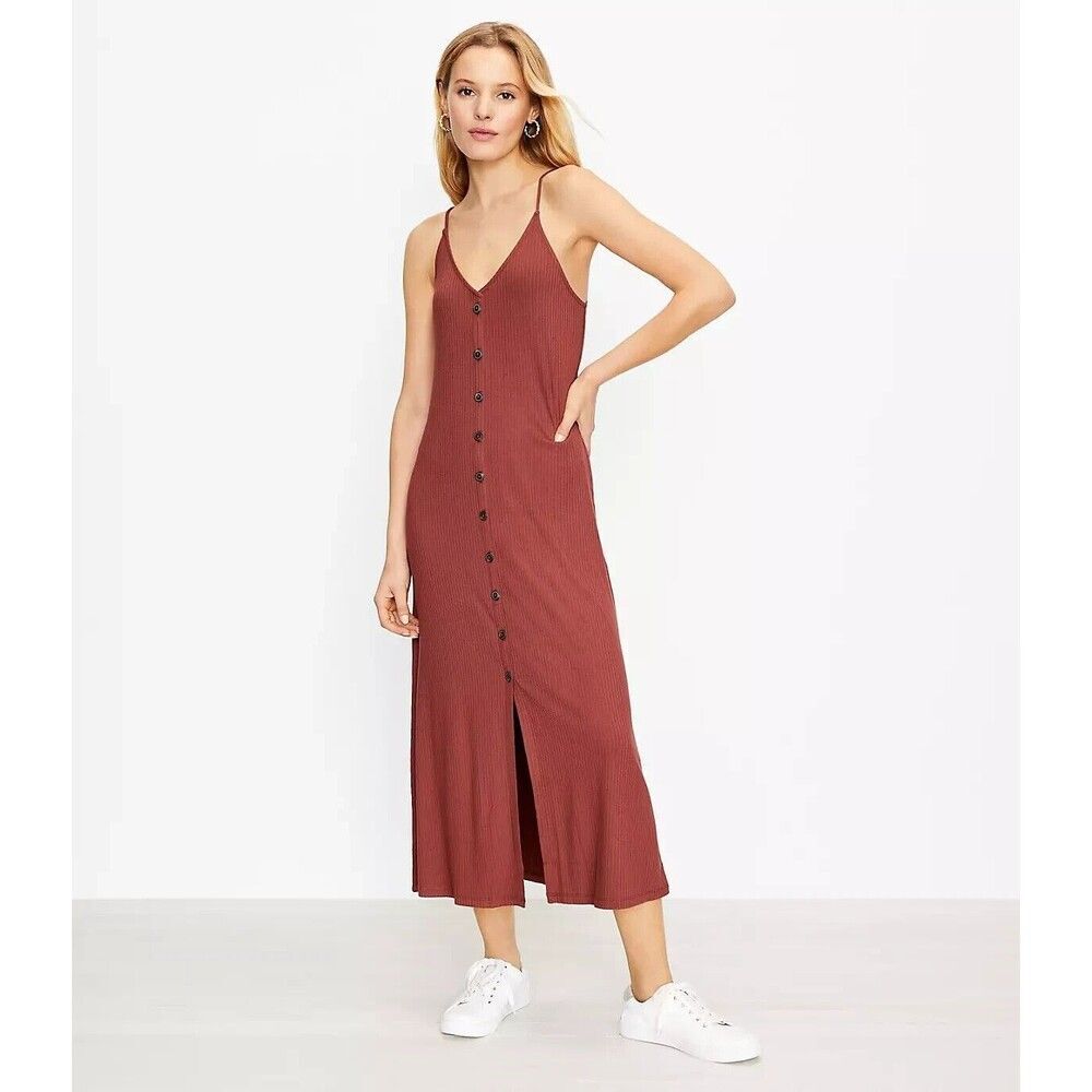 Loft Strappy Button Midi Dress Size S Spaghetti Straps Red Y2K 90s Friends